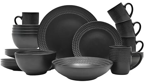 ECHTWERK Servizio da tavola vintage BlackStyle, 30 pezzi, design moderno, per 6 persone, in gres porcellanato con 6 piatti piani, 6 piatti contorni, 6 ciotole, 6 tazze da tè, 6 piatti fondi