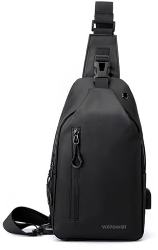 FANDARE Brusttasche Brustbeutel Herren Sling Crossbody Bag Umhängetasche Bodybag Männertasche Schultertasche Outdoor Trekkingrucksack mit Kopfhörerloch Reisetaschen Handgepäck Messenger Bag Schwarz