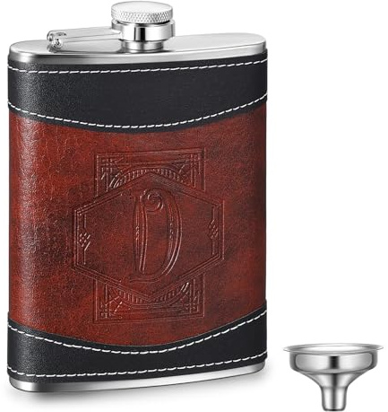 Baderke Personalized Groomsmen Flask 8 oz Stainless Steel Monogram Hip Flask for Men Leather Birthday Gift for Dad Grandpa Wedding(Letter D)