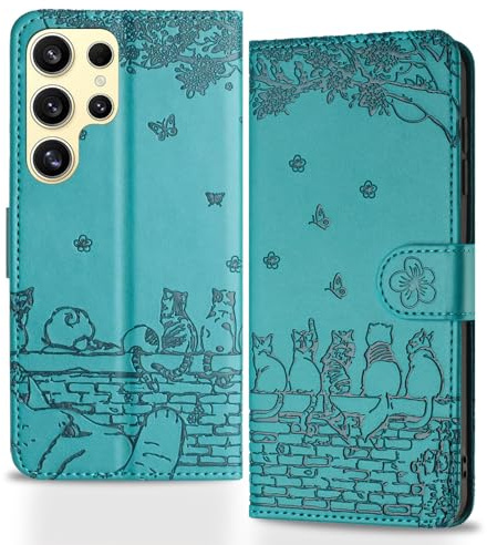 Butnyeoe Handyhülle für Samsung Galaxy S24 Ultra,Zaunkatzen Klappbar Hülle,Geprägtes PU Leder Wallet Schutzhülle Tasche Flip Case,Magnetische Klapphülle mit Kartenfach Standfunktion,Blau Grün