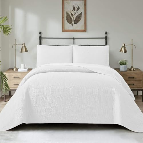 BAJIN Couvre lit 220x240cm Blanc Couverture Légère avec 2 Taies d'oreiller de 50x70 cm, Couette Matelassée, Jeté de Canapé Douillet pour Salon Chambre à Coucher
