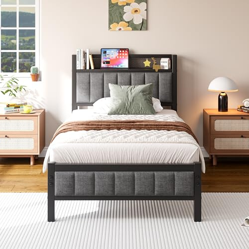 Diahomy 3ft Single Bed Frame With Storage Headboard, Upholstered Platform Bed Frame/Mattress Foundation/Metal Slat Support/No Box Spring Needed/Dark Grey bed frames single