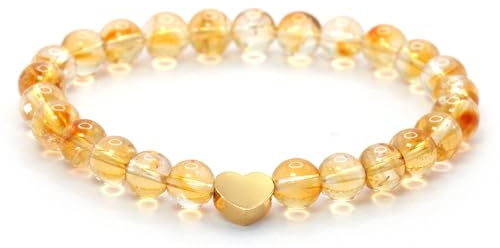 Echtes Citrin Edelstein Armband mit 6mm Perlen und Edelstahlherz - verschiedene Längen - Heilstein Schutzstein Talisman Glücksbringer Geschenk (Citrin, 16CM)