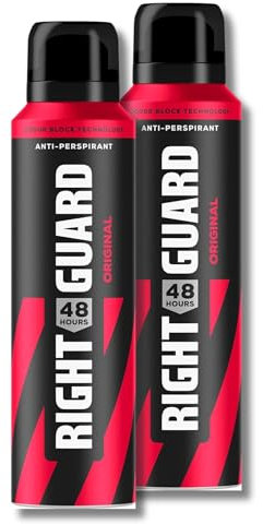 Right Guard Men's Deodorant Original, 48-Hour High Performance Anti-Perspirant Aerosol Spray - 2-Pack, 150ml Each, No White Residue Formula, Alcohol-Free for Sensitive Skin, Dermatologically Tested