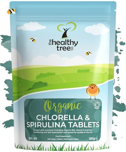 Organic Chlorella and Spirulina Tablets 50/50 Superfood Blend - 300 Count, 150g High in Vitamin B12, Iron and Chlorophyll by TheHealthyTree Company