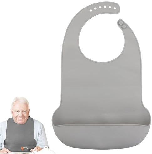 XZSKD Adult Bib for Men, Washable Silicone Bib for Elderly, Waterproof Eating Bib Reusable Dirty-proof Apron With Pocket for Elderly and Disabled (Grey)