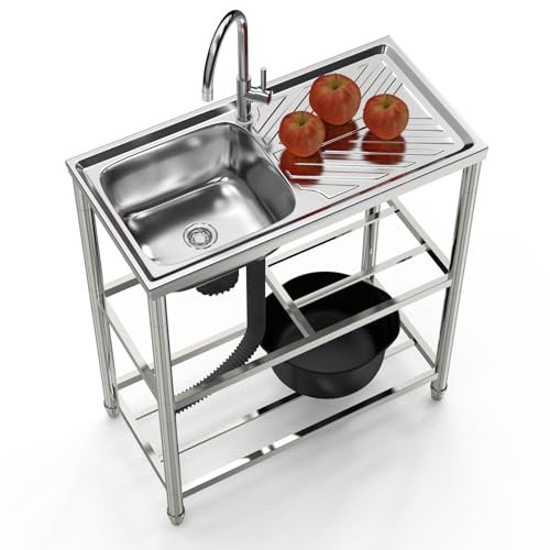 Freistehende Edelstahlspüle, große Küchenspüle mit Werkbank, Einzelspüle für den Außenbereich, Mobile Camping-Gewerbespüle mit Warm- und Kaltwasserhähnen für Garage/Waschküche/Restaurant
