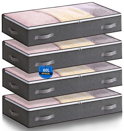 Boic 4 Pack 60L Underbed Storage, Foldable Underbed Storage Bags, Under Bed Storage Box With Lid, Underbed Storage Boxes Clothing Storage Bags With Reinforced Handle For Clothes Quilts Blankets Beddin
