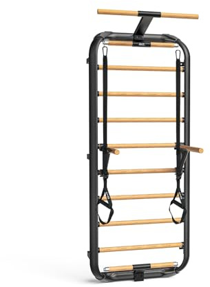 DHT Swedish Ladder 2.0, Wood Stall Bar with Suspension Trainer Straps, Pull-Up Dip Bar Attachment, 11 Strategic Rods, for Home, School, Physical Therapy and Gymnastics
