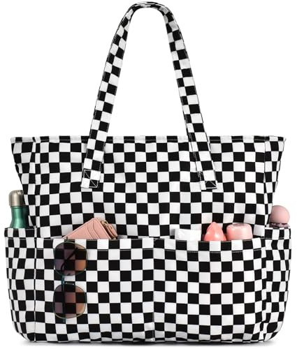 oscaurt Grande borsa da spiaggia da donna con 8 tasche, impermeabile, a prova di sabbia, estiva, spiaggia, vacanze, viaggi, borsa per la spesa, per piscina e palestra, Plaid bianco e nero.