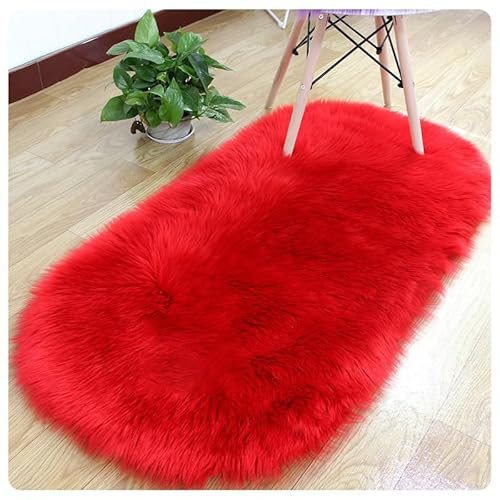 Rockreyoa Fellteppich Kunstfell Lammfell Schaffell Teppich Faux Lammfell Schaffell Teppich Longhair Flauschiger Teppiche Weicher Fell Carpet Nachahmung Wolle Bettvorleger für Sofa Rot 90x150cm