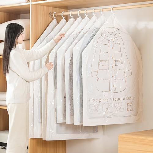 6 Pcs Hanging Vacuum Storage Bags With Air Hand Pump,Hanging Vacuum Storage Bags for Coats Reusable Space Saving Compressed