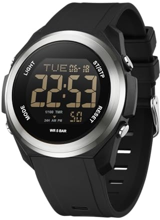 BIEWO Orologio sportivo digitale da uomo - Orologio militare impermeabile - Grande quadrante - Stile casual e luminoso - Cronometro, Nero , Cinghia