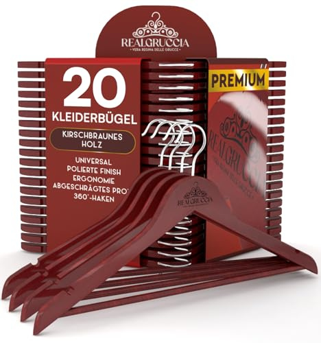 20 Kleiderbügel aus Holz Anti-Rutsch-Einkerbungen Holzbügel 22x45cm Farbe Kirsche - RealGruccia von Hosen Anzügen Hemden - Hosensteg Polierter Oberfläche Drehbaren Hakens 360° und Abgeschrägte Profile