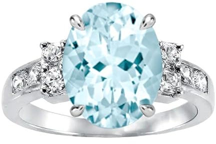 Althum Aquamarin-Verlobungsring 925er Sterlingsilber 8 x 6 mm Ovaler Schliff Geburtsstein März mit Moissanit Verlobungsring Muttertagsschmuck Geschenk für Frauen