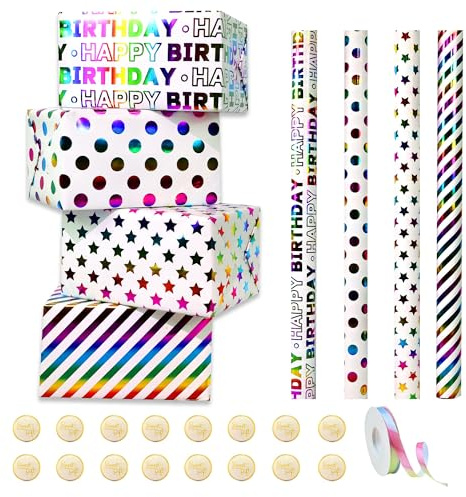 Birthday Wrapping Paper Rolls, Rainbow Gift Roll Paper with Ribbons and Gift Tags, 43x300㎝ Colorful Set for Birthday, Party