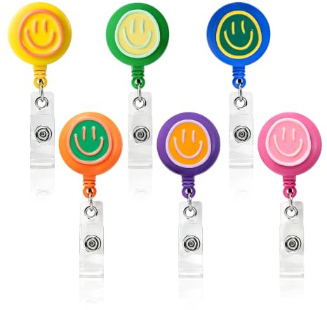 Niedliches Abzeichenrollen-Set – Happy Face einziehbarer Ausweishalter mit Clip, Ausweishalter für Krankenschwestern, Lehrer, Krankenhaus, Büro und Schule, bunt, 6-teilig