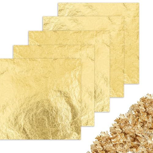 100 hojas de oro para manualidades – 14 x 14 cm imitación lámina dorada autoadhesiva para arte textual, pasta texturada, lienzo, decoración y proyectos de arte – Ideal para adornos