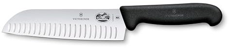 Victorinox Fibrox, Coltello Santoku con Lama Alveolata, Coltello da Cucina giapponese per Carne, Pesce e Verdura, 17 cm, Affilato, Acciaio Inossidabile, Nero