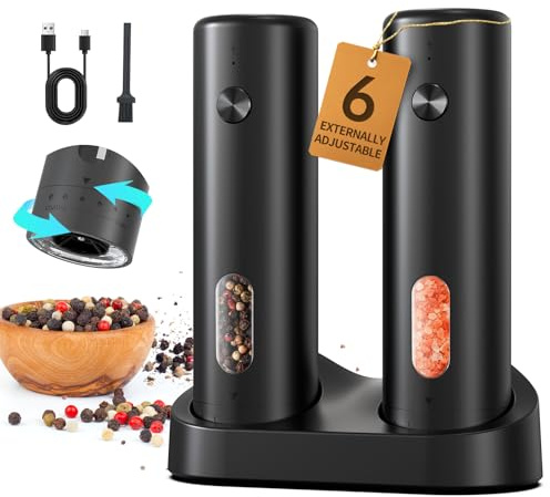CIRCLE JOY Juego de molinillo eléctrico recargable de sal y pimienta con base de carga, molinillos de pimienta automáticos con recipiente de 110 ml, grosor externo ajustable, luz LED blanca, fácil de