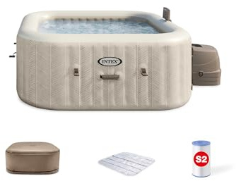 INTEX 28445EH 4 Personas PureSpa Chevron Deluxe al Aire Libre Inflable portátil bañera de hidromasaje, Incluye la Cubierta de SPA de Ahorro de energía, aplicación de Control de SPA, Sistema de Agua