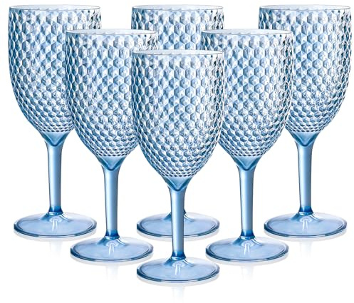 WDFCN 6 Pieces Blue Plastic Wine Glasses 13.5oz Reusable Plastic Gin Glasses Wedding Goblets Champagne Flute Unbreakable Vintage Champagne Flutes Drink Glasses for Wedding Party Bar
