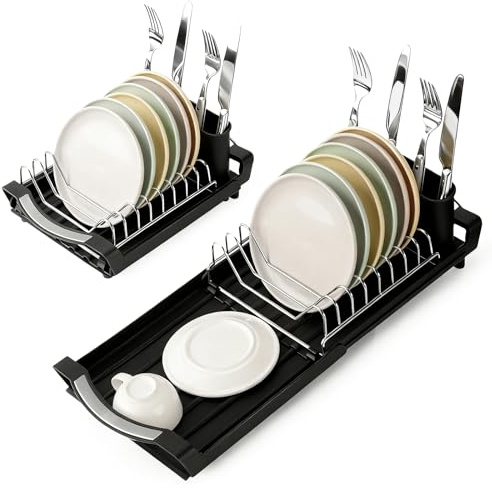 Cozary Scolapiatti da Appoggio, Scolapiatti da Lavello Cucina Estensibile (28-47 cm), Scola Piatti con Portaposate