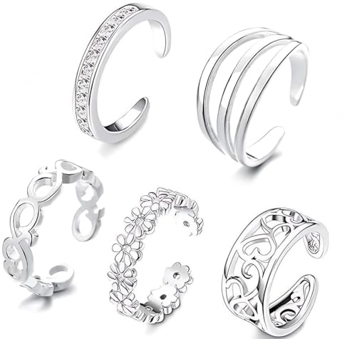 JUGUTA Anello Mignolo Donna Set Di 5 Pezzi Argento Sterling 925, Anelli A Fascia Regolabile Aperti Per Donna In Argento