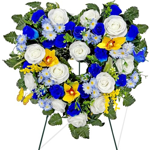 AILVEMEE Cemetery Wreaths for Graves,Spring Heart-Shaped Wreaths for Cemetery,Memorial Day Grave Wreath,Headstone Wreaths on Metal Stand, Artificial Flower Wreath:Blue Rose Daisy Cymbidium