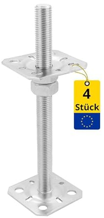 GRUNDLINE - Pfostenträger höhenverstellbar 50 bis 200 mm- 4er Set Pfostenträger aufschrauben - Stützenfuß - Pfostenanker - Aufschraubhülse - Anker - Gewindestange M20-250 mm - Ankerplatte 80x80x3 mm