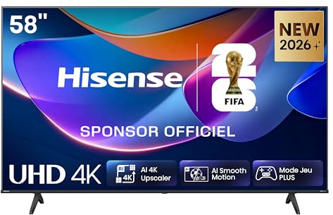 Hisense 58A6S - TV 2026 4K UHD 58 (146 cm), Smart TV HomeOS U9.5, Dolby Vision HDR, Game Mode Plus (VRR 60Hz), DTS Virtual:X, Alexa Intégrée, Noir