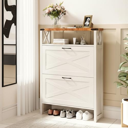 LEADZM Schuhschrank Schmal,Schuhkipper 80 x 25 x 115 cm | mit 2 Flip-Schubladen Schuhregal mit 1 Offene Fächer für den Eingang, Flur, Wohnzimmer