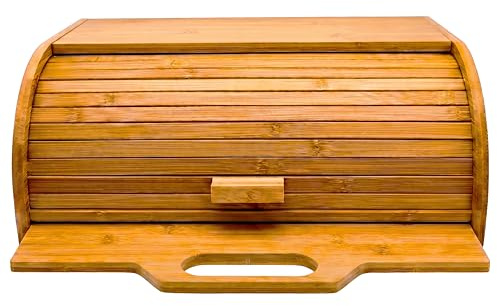 Maison Des Cadeaux Roll Top Bamboo Bread Bin Box with Built-in Pull-Out Chopping Board Countertop Storage