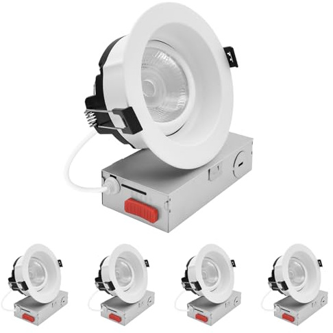 LUXRITE 4-Inch Regressed Gimbal LED Recessed Light, 5 Color Selectable 2700K-5000K, 15 Watts, 1250 Lumens, Ceiling Spotlight 360º + 30º Rotation, Dimmable, CRI90, IC & Wet Rated, ETL Listed (4 Pack)