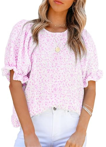 Blusa con cuello redondo y mangas abombadas y estampado floral para mujer, elegante, casual, con estampado floral de primavera, bonita blusa, rosa, S