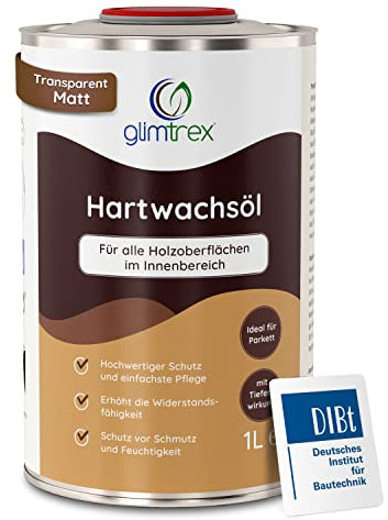 glimtrex® Hartwachsöl matt (1,0l) - nachhaltiges Hartwachsöl farblos für Holz schützt und pflegt – Holzöl innen anwendbar als Arbeitsplattenöl, Parkettpflege und Öl für Holztisch