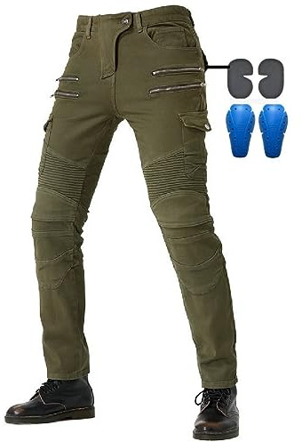WCCI Pantalones de Motociclista Hombres Forro Protector Moto de la Motocicleta Trabajo Pantalones Jeans Cargo Blindada(XL= 34W / 32L, Ejercito Verde)