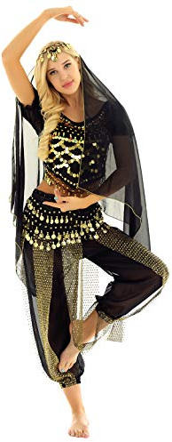TiaoBug 4 PCS Vestito da Danza del Ventre per Donna Abito da Ballo Indiano Costume Indiana Arabo Principessa Cosplay Halloween con Paillettes Dancewear Nero Taglia Unica