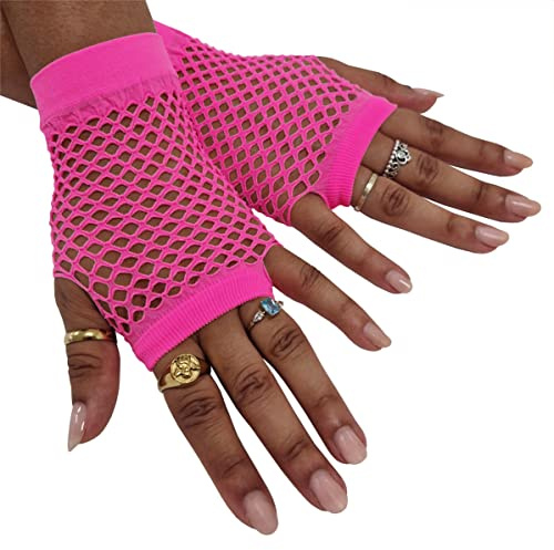 Komonee Short Fishnet Gloves Fingerless Mesh, Wrist Length Neon Pink Net for Women, Stretchy Sheer Edgy Costume Accessory for Rave Cosplay Halloween 80s Party, One Size