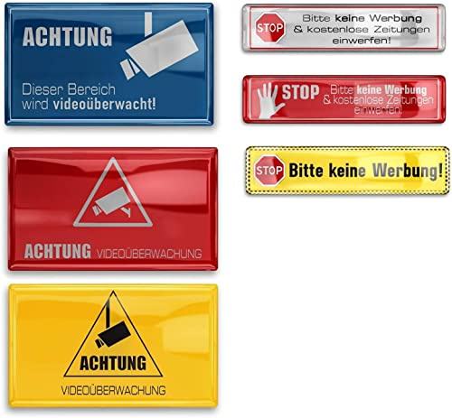 Metzler 3D Briefkasten Aufkleber - Keine Werbung (63mm x 15mm) - Videoüberwachung (85mm x 50mm) - Edelweiss (80mm x 70mm)