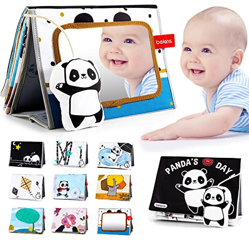 beiens Baby Spiegel Spielzeug mit Knisterbuch, Panda mit schwarz weiß Buch 0 3 6 Monate, Faltbarer Kontrast Spielzeug Baby für neugeborenen Geschenk