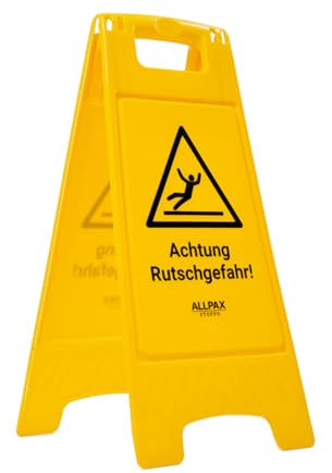 Allpax STOPPO Warnschild „Achtung Rutschgefahr“, klappbar, 30 x 62,5 cm, auffälliger Hinweis-Aufsteller mit beidseitigem Aufdruck, Hinweisschild, Gefahrhinweis, gelb