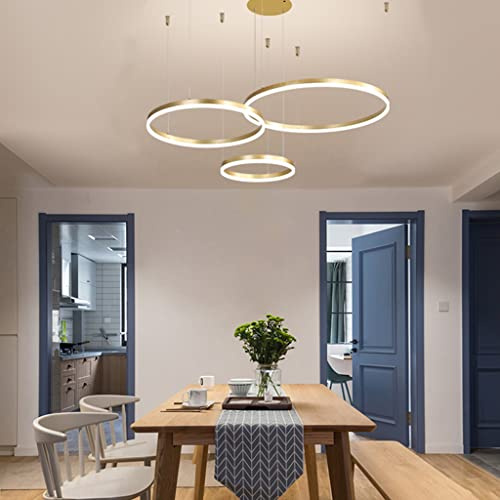 Pendelleucht Wohnzimmer Kupfer Lampe Esstisch Höhenverstellbar Deckenlampe LED Kronleuchter Moderne Stil Anhänger Mit Elegantem Designdimmbar Mit Fernbedienung Rund Ringe Hängeleuchte ,Gold,3 rings