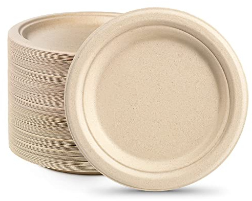 GREENESAGE Rigid 7 inch 50 Pack Heavy Duty Disposable Paper Brown Plates Sugarcane Small Disposable Plates Strong Dishes for Picnic Wedding Party BBQ