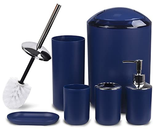 CERBIOR Bathroom Accessories Set 6 Piece Bath Ensemble Includes Soap Dispenser, Toothbrush Holder, Toothbrush Cup, Soap Dish for Decorative Countertop and Housewarming Gift (Royal blue-6pcs)