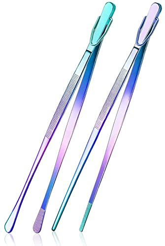 HINMAY 2 Pcs 12-Inch Cooking Tweezers Stainless Steel, Straight Food Tweezers, Professional Kitchen Tweezers for Cooking Repairing and BBQ (Rainbow)