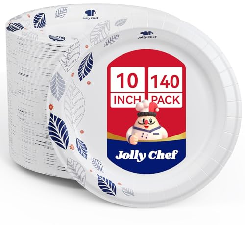 JOLLY CHEF 140 Count Paper Plates 10 inch Soak Proof, Cut Proof, Heavy Duty Leaf Printed Disposable Paper Plates for Everyday Use