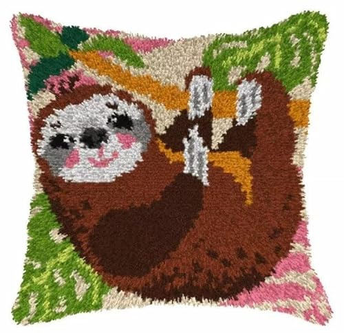 Latch Hook Kit for Adults & Kids- Sloth Pattern 43x43cm, Complete DIY Cushion Making Craft Kits with Yarn & Canvas and Crochet Needle, Latch Hook Pillow Cover Adult Craft Kits Home Decor for Women
