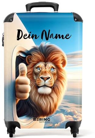 NoBoringSuitcases© Kinderkoffer, Reisekoffer Personalisiert, Koffer Kinder, | 55x40x20 cm - Kinder Reisekoffer, Koffer Kinder Jungen, Kindertrolley Jungen, Handgepäck Trolley (Löwe - Gold-Braun)