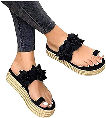 Orthopädische Bunion Corrector Sandalen für Damen Plateau Blume Slip-On Sandalen Keil Flip Flops Sommer Strand Freizeitschuhe Zehenring Komfort Best-Walking Sandalen (Schwarz 37 EU)